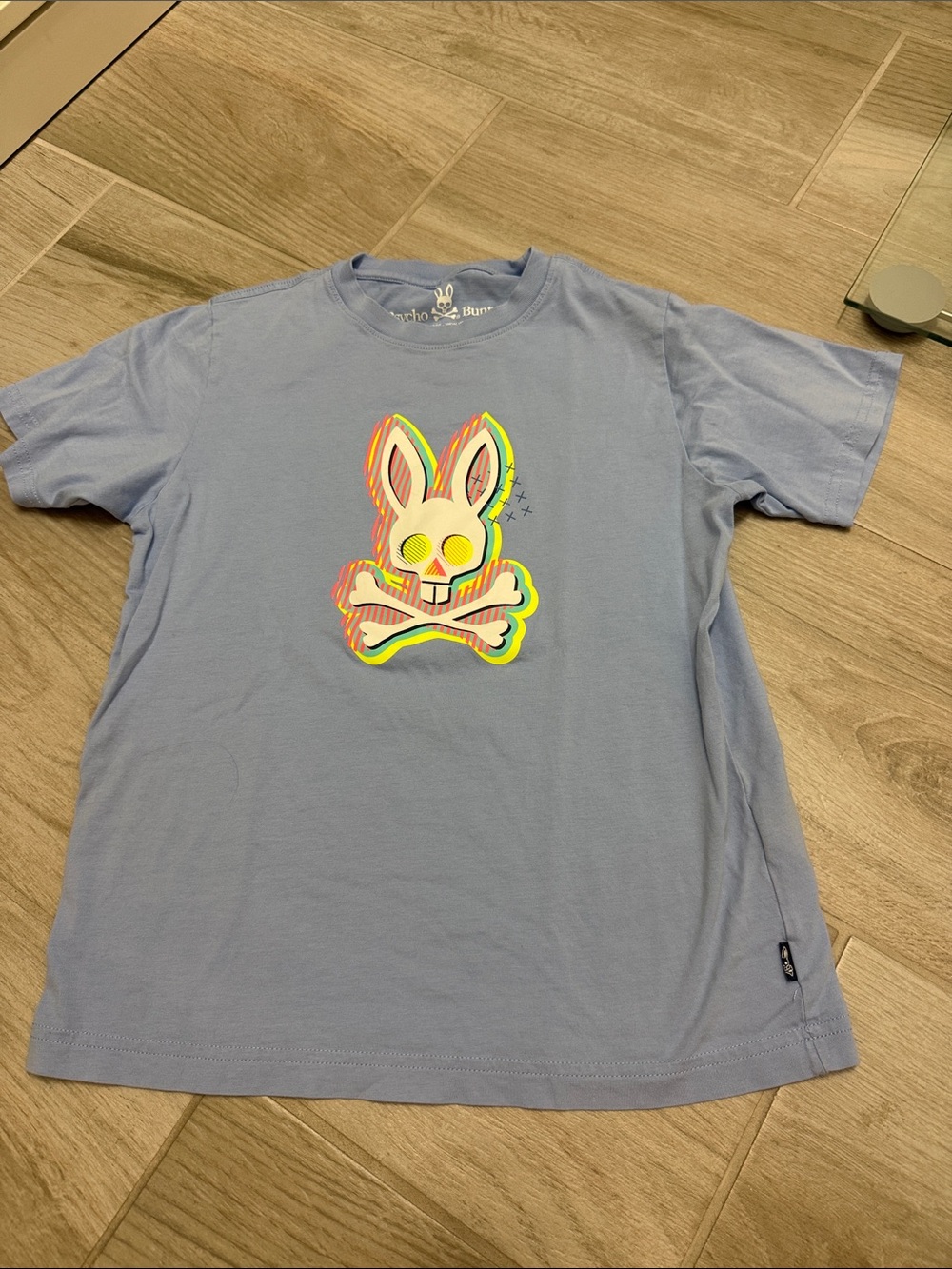 Psycho Bunny Boys Large Light Blue Tee with Neon Bunny Skull Graphic